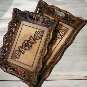 2 vintage Wood hand carved Trays made in india